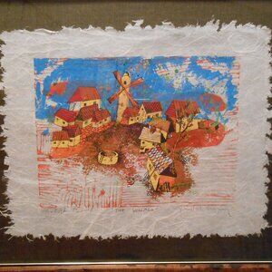 Yankel Ginzburg Japanese Rice Paper Woodcut "The Village" Artist's Proof, Framed